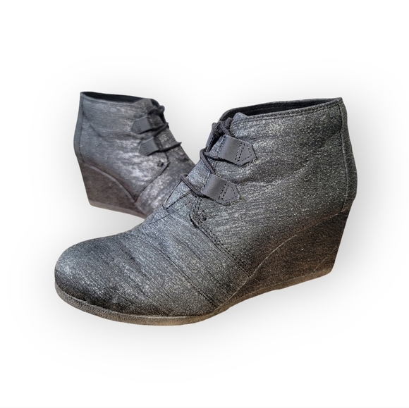 Toms Kala Black Sparkle Lace Up Wedge Booties Size 8 - Picture 1 of 15